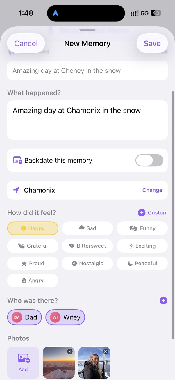 New memory capture screen with quick fields and mood selection
