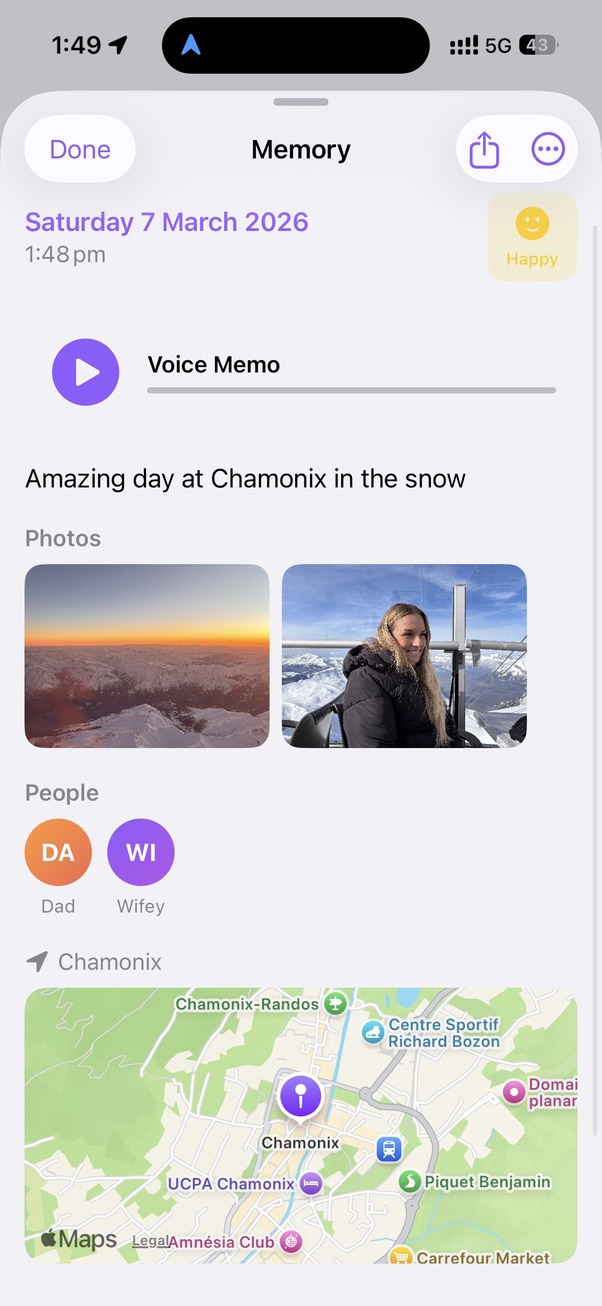 Memory detail screen with photos, people tags, and map
