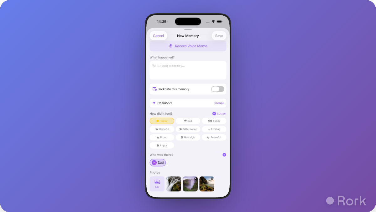 New memory capture screen with quick fields and mood selection