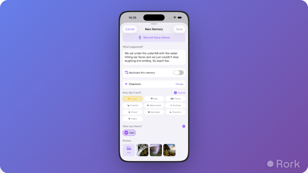 Filled memory capture screen with text, mood, people, and photos
