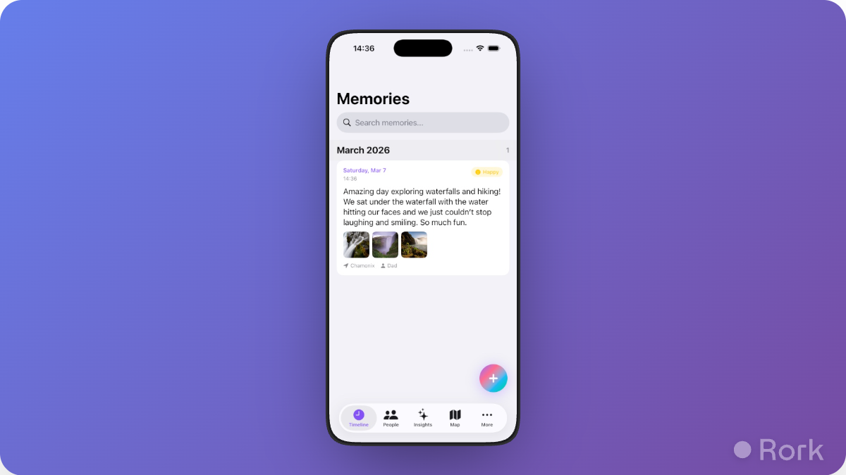 Timeline screen for browsing memories by date