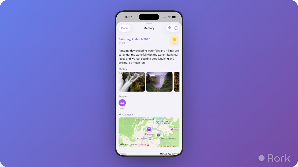 Memory detail screen with photos, people tags, and map